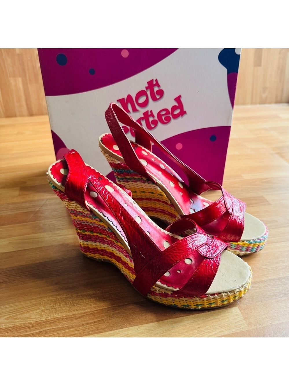 Not rated summer nights red striped wedge high heel sandals size 7.5